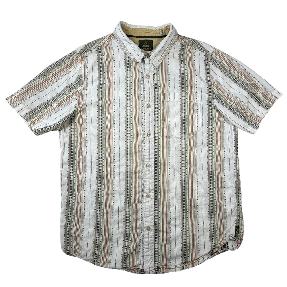 Prana Mens Short Sleeve Button Down Shirt Striped Geometric White Brown Med